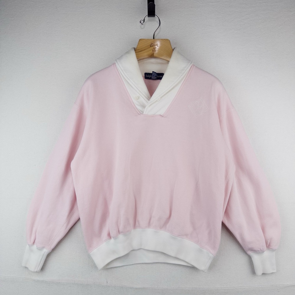 90s Ralph Lauren Womens Small Pink White Shawl Collar Fleece Pullover Sweatshirt